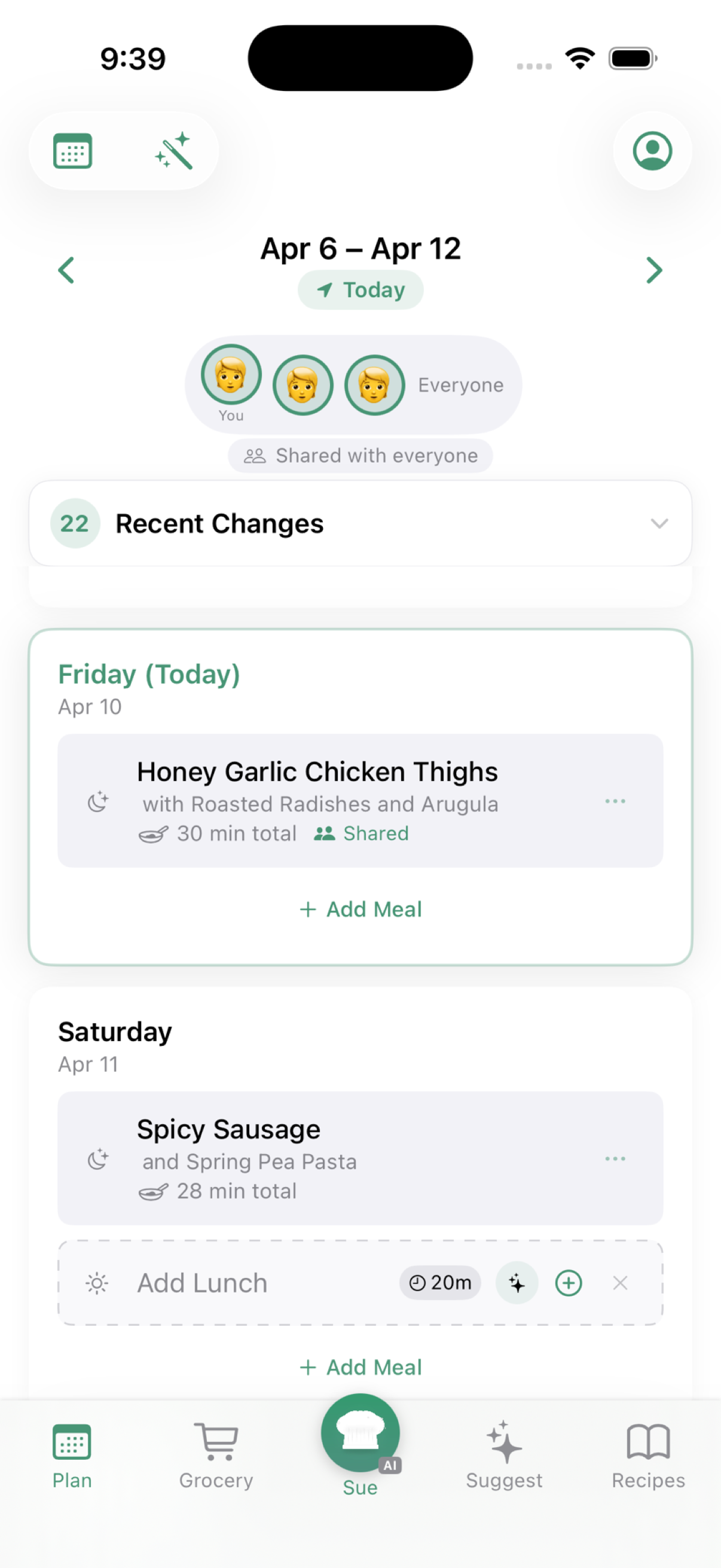 Tableset Plan tab showing a filled week