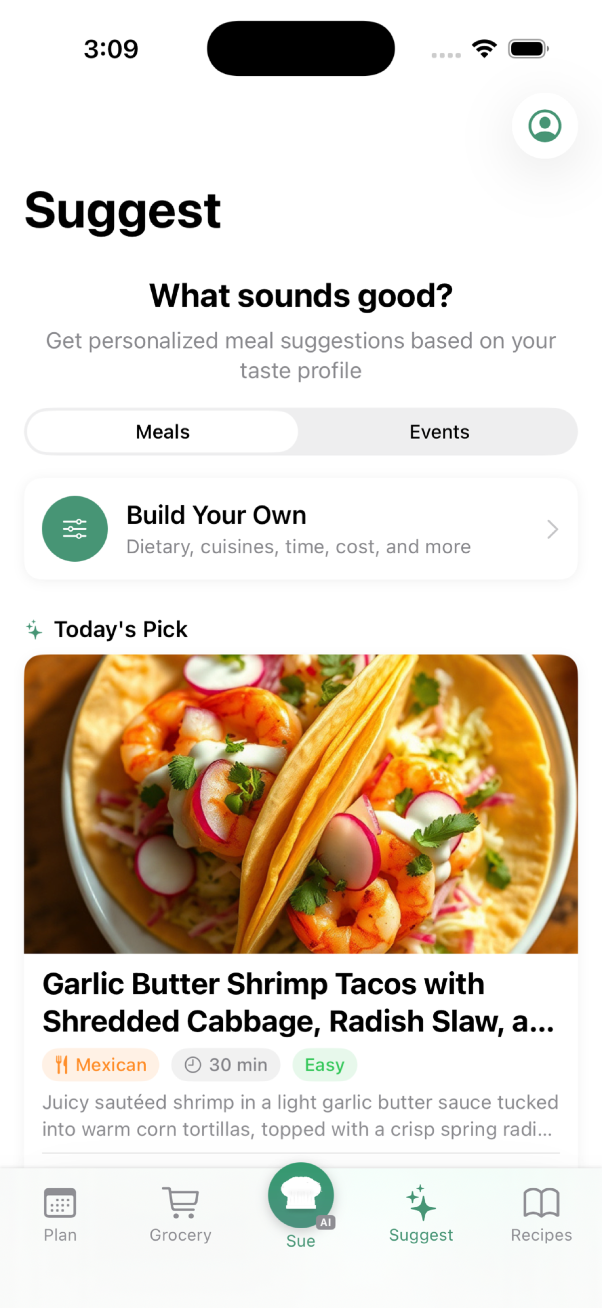 Suggest tab with Today's Pick hero and Build Your Own wizard