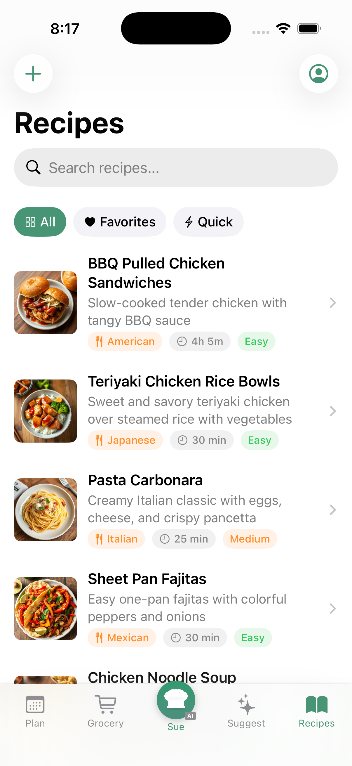 Recipe library with recipe cards