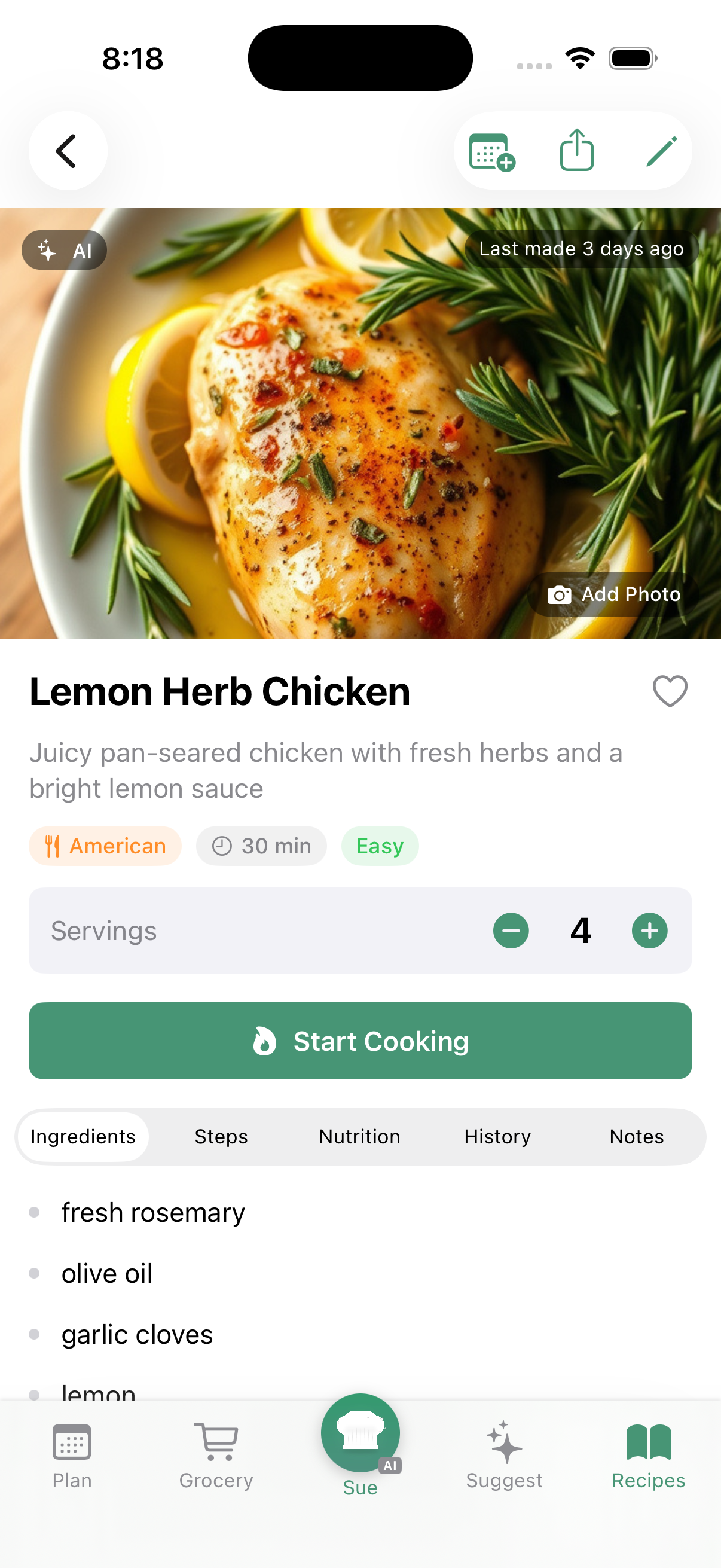 Recipe detail with ingredients and Start Cooking