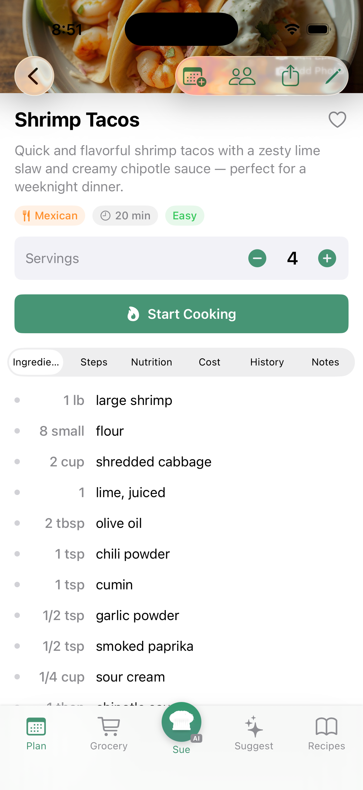 Ingredients list with servings adjuster