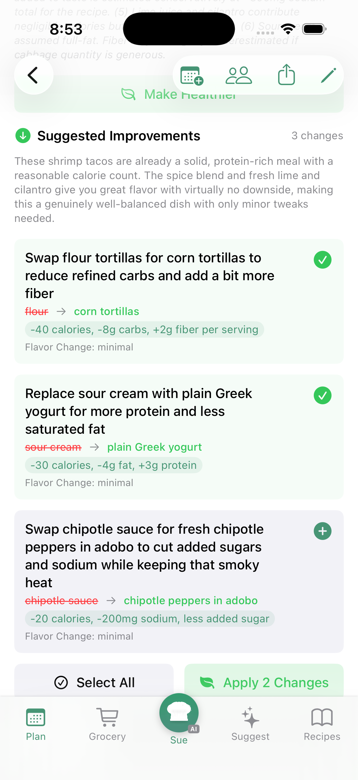 AI-suggested healthier ingredient swaps