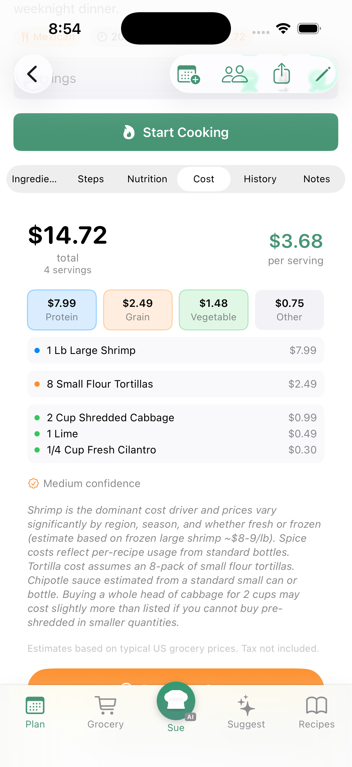 Cost breakdown per ingredient