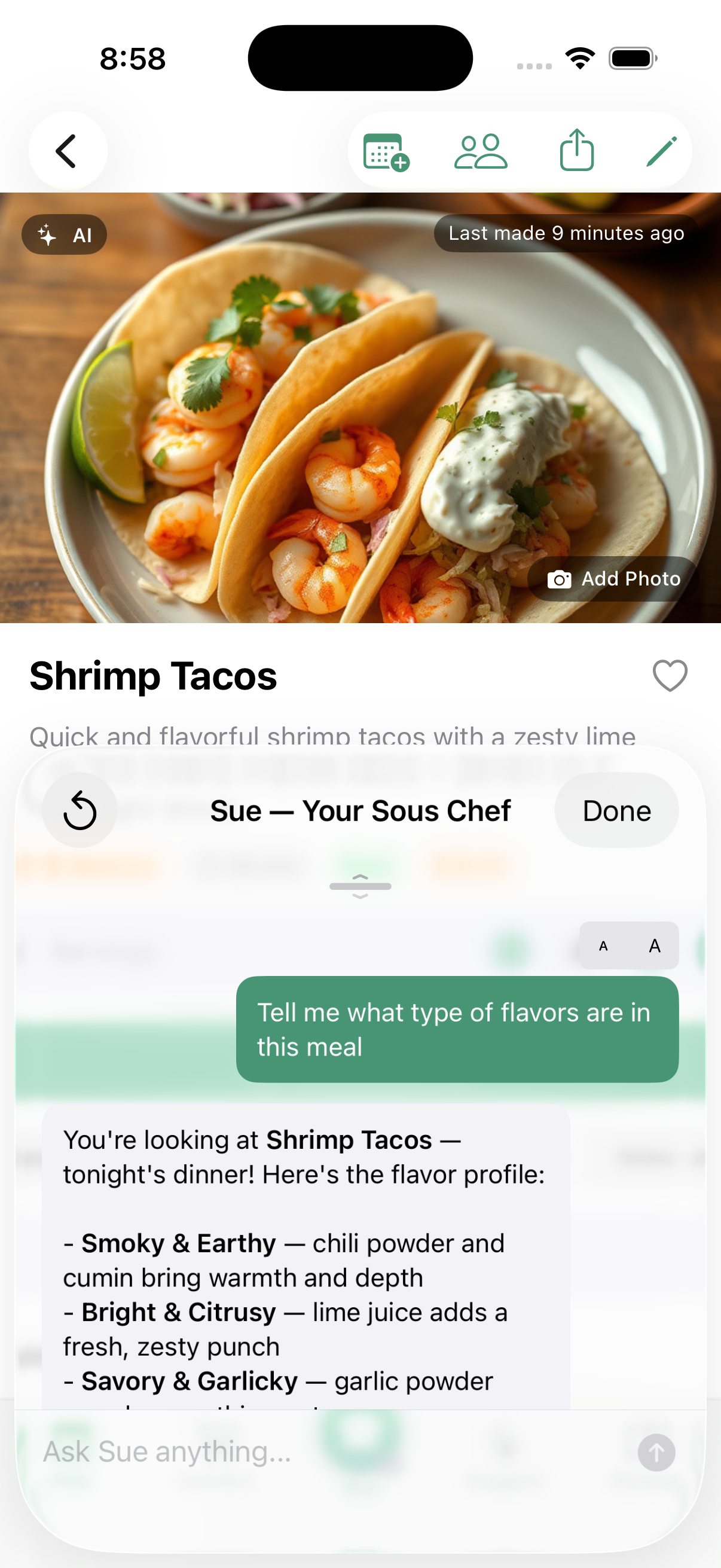 Sue answering questions about the current recipe