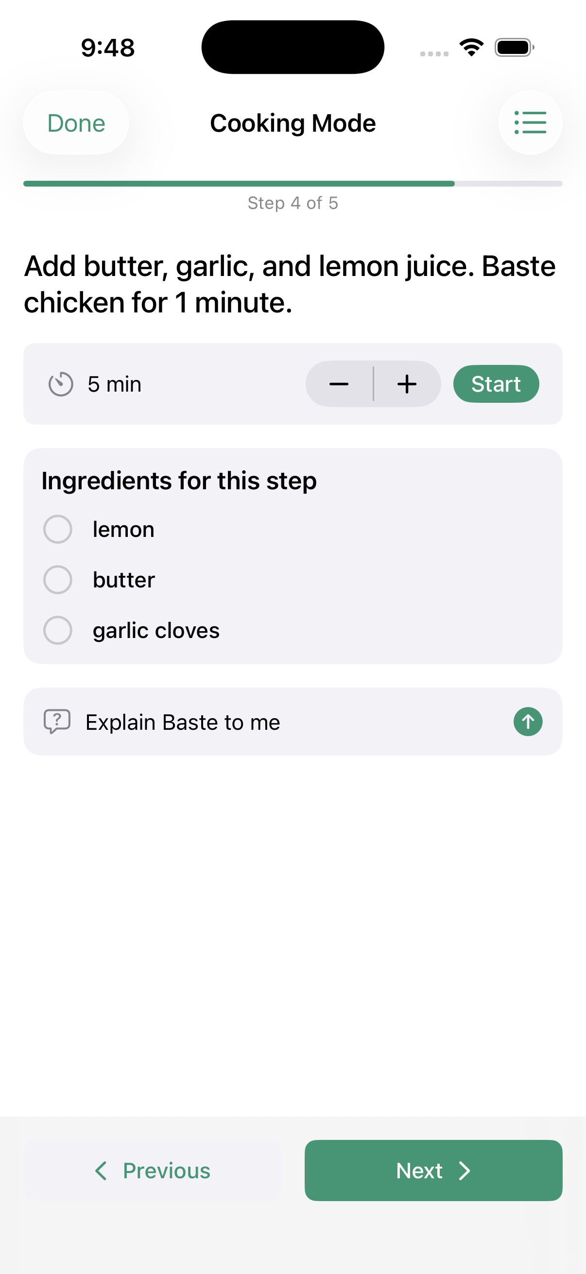 Cooking mode step with timer and ingredients