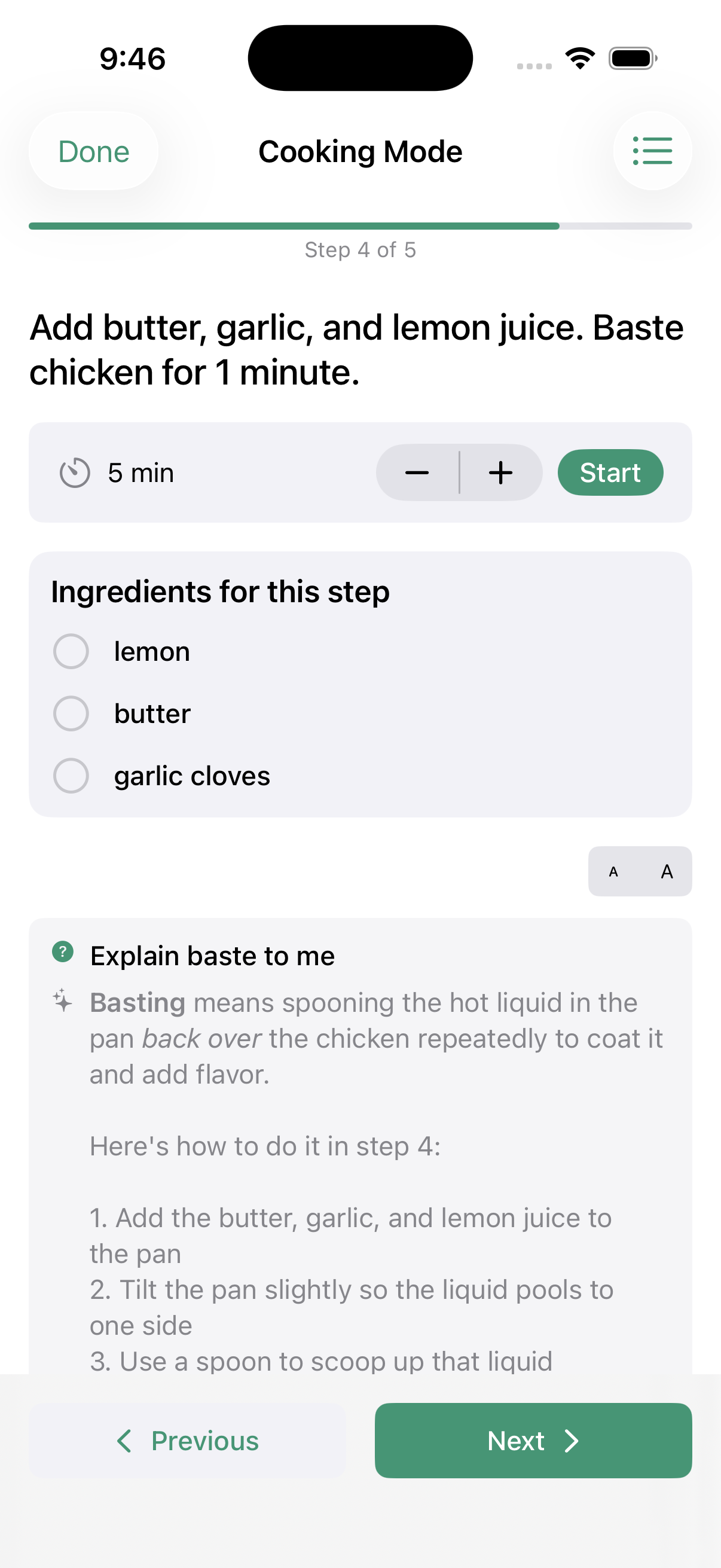 Cooking mode after asking a question