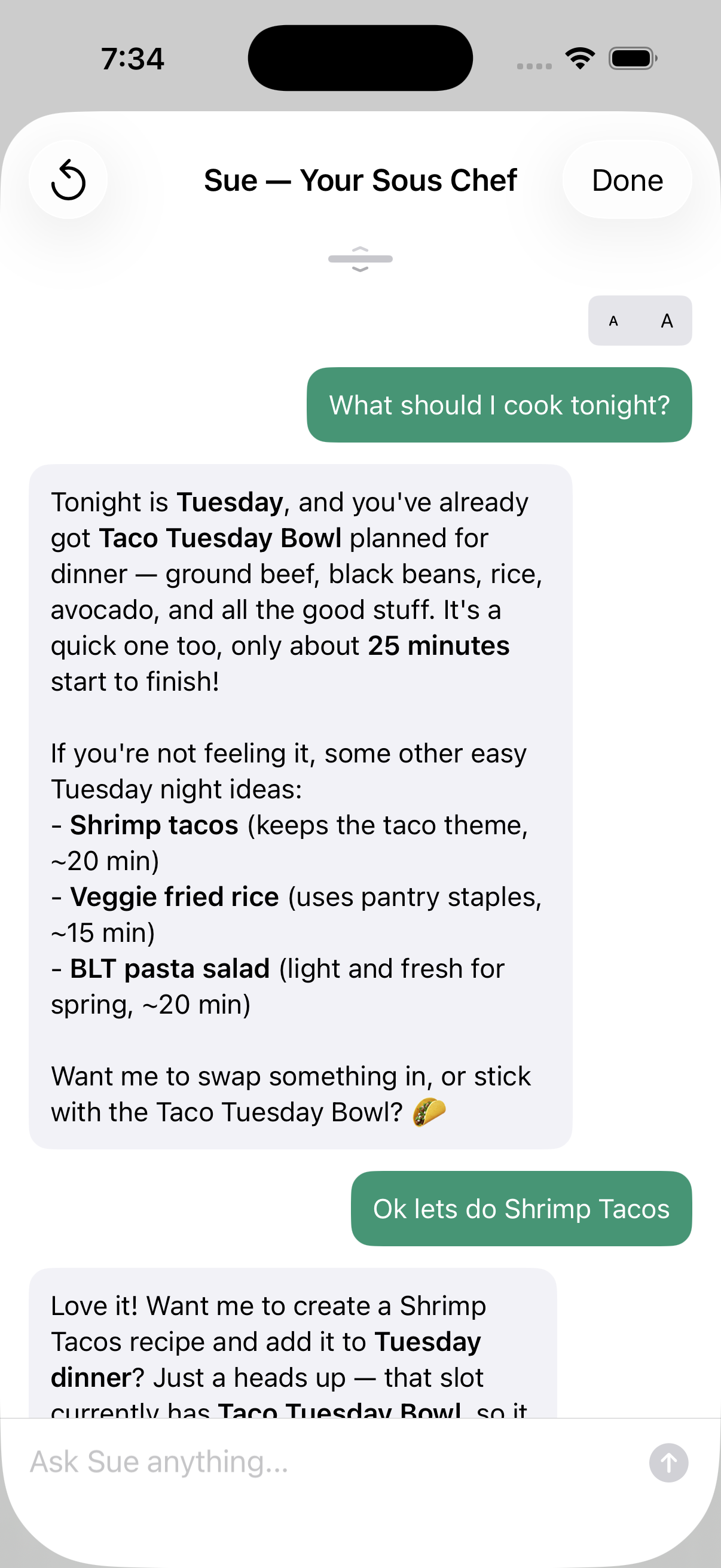 Sue suggesting meals for tonight