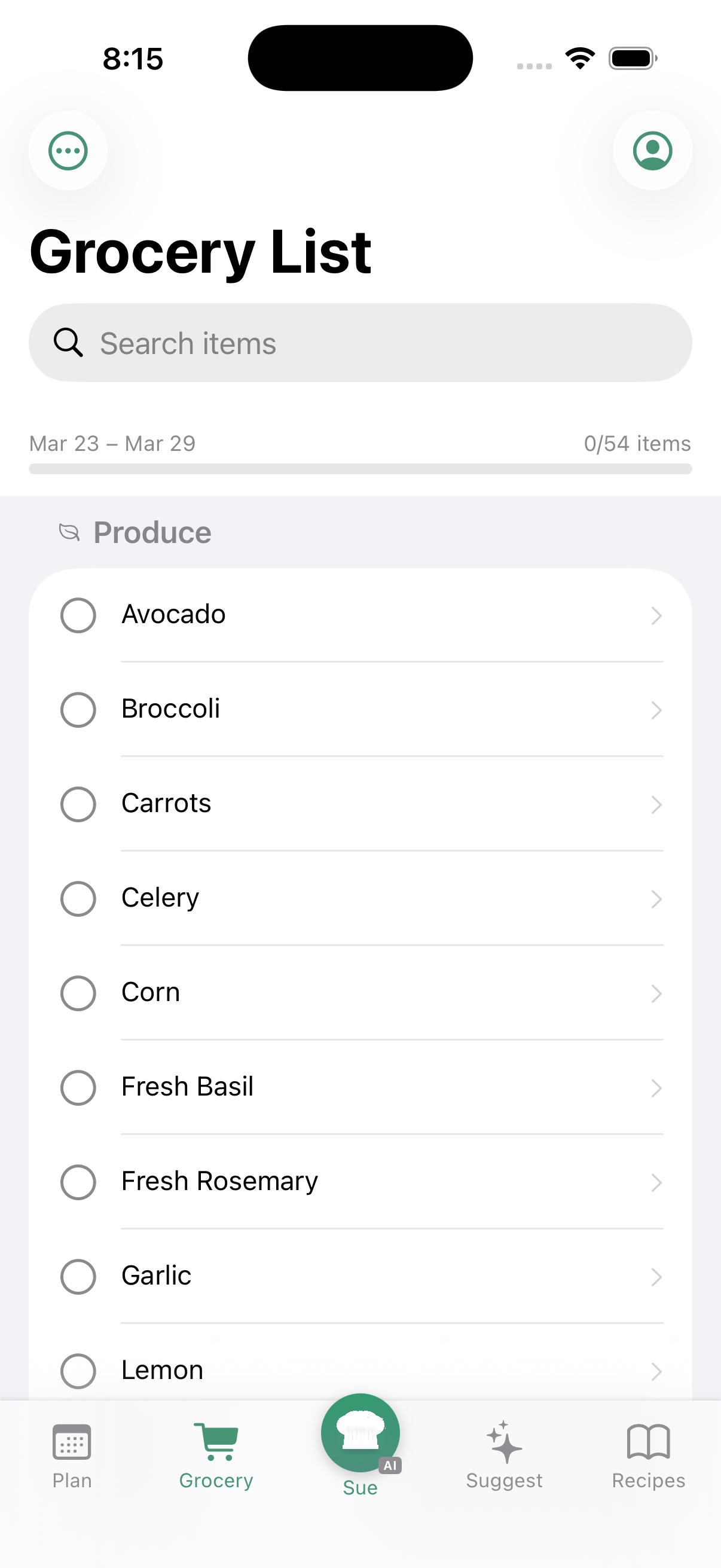 Grocery list organized by category