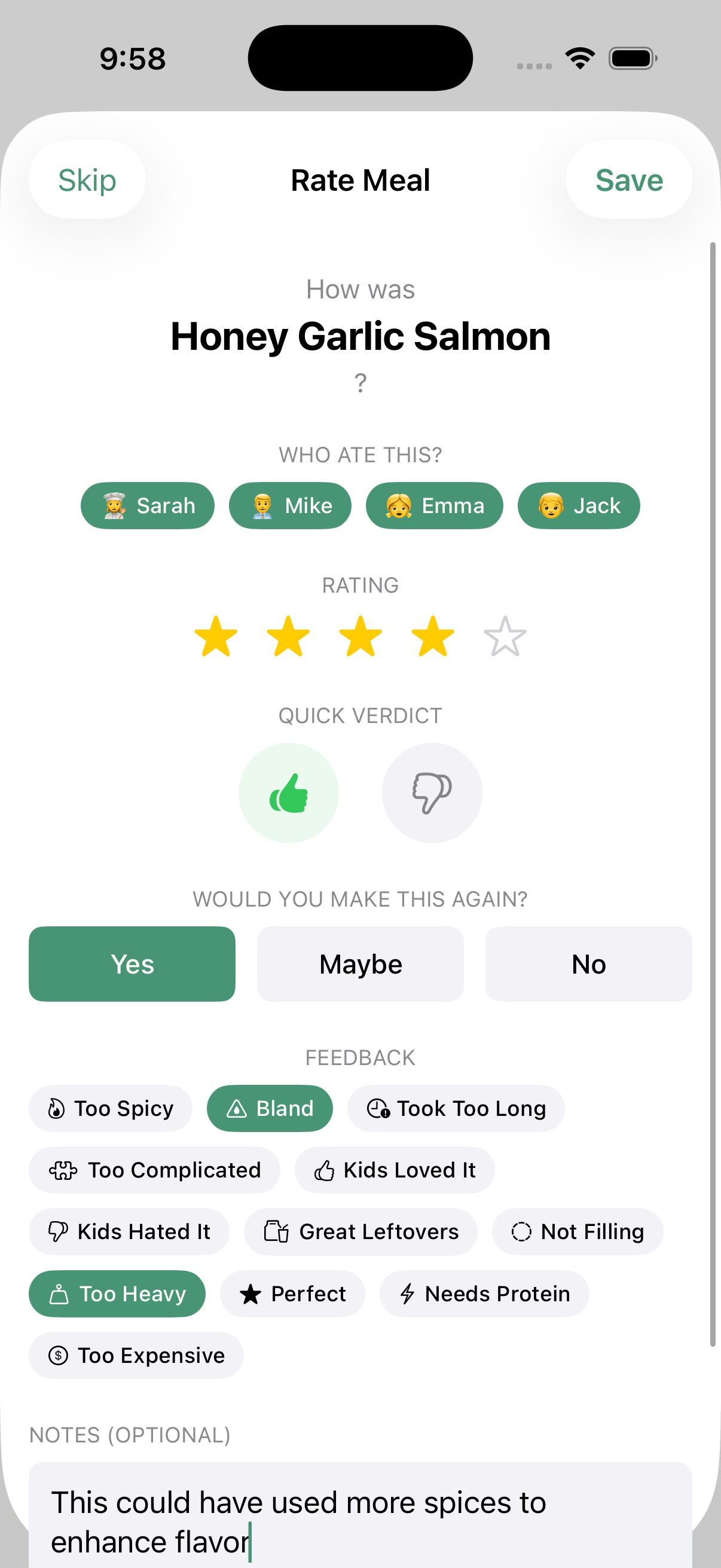Rating a meal with stars, tags, and notes