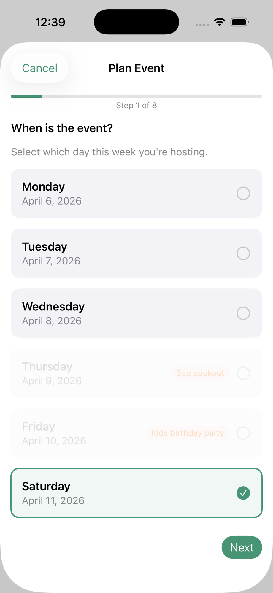 Wizard step 1: pick a day, with existing event days disabled