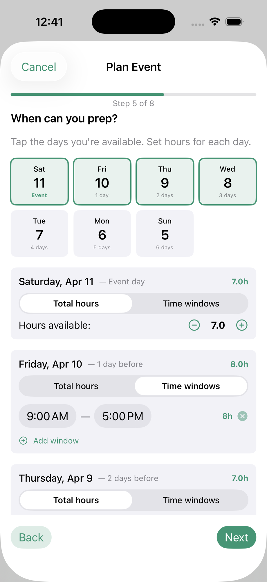 Wizard step 5: prep availability calendar with hours and time windows