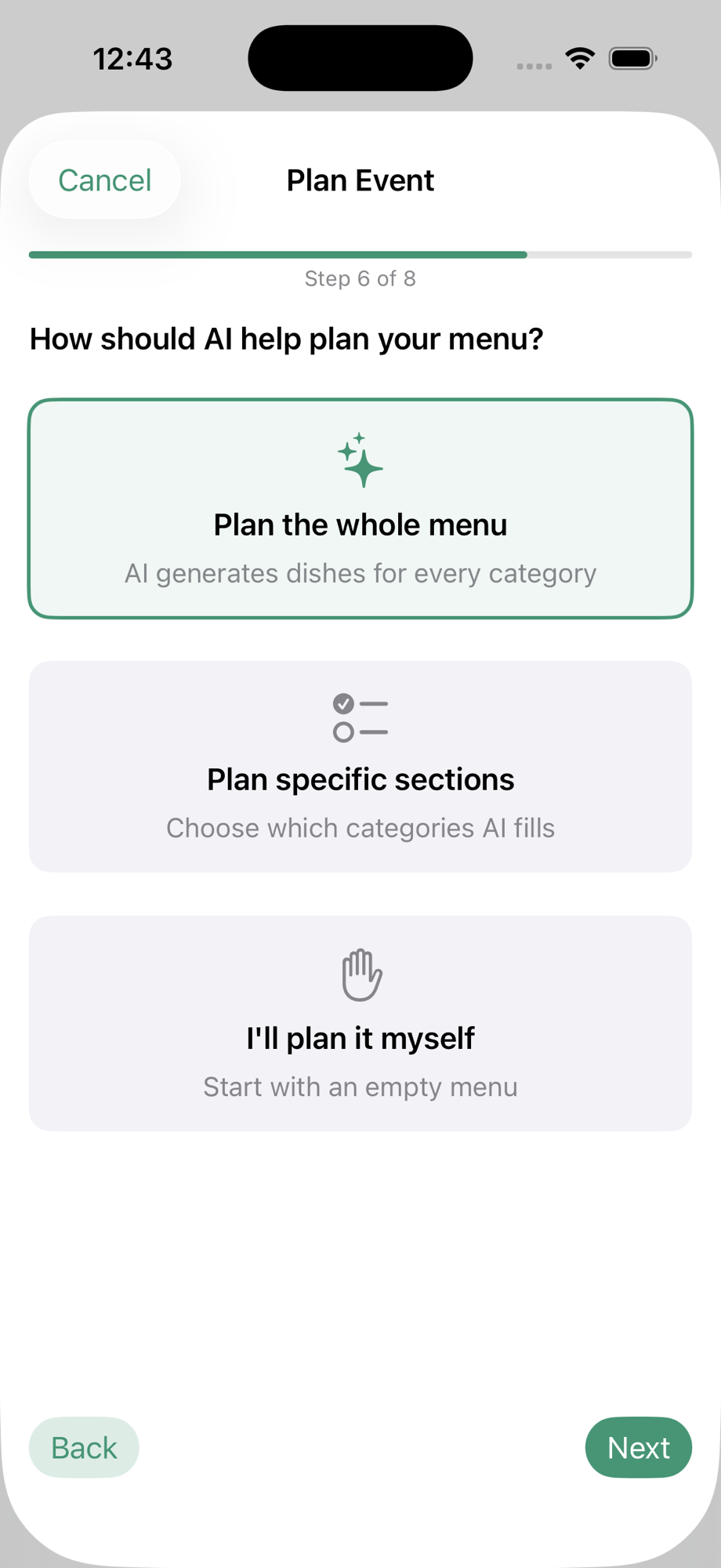 Wizard step 6: AI planning scope with three options