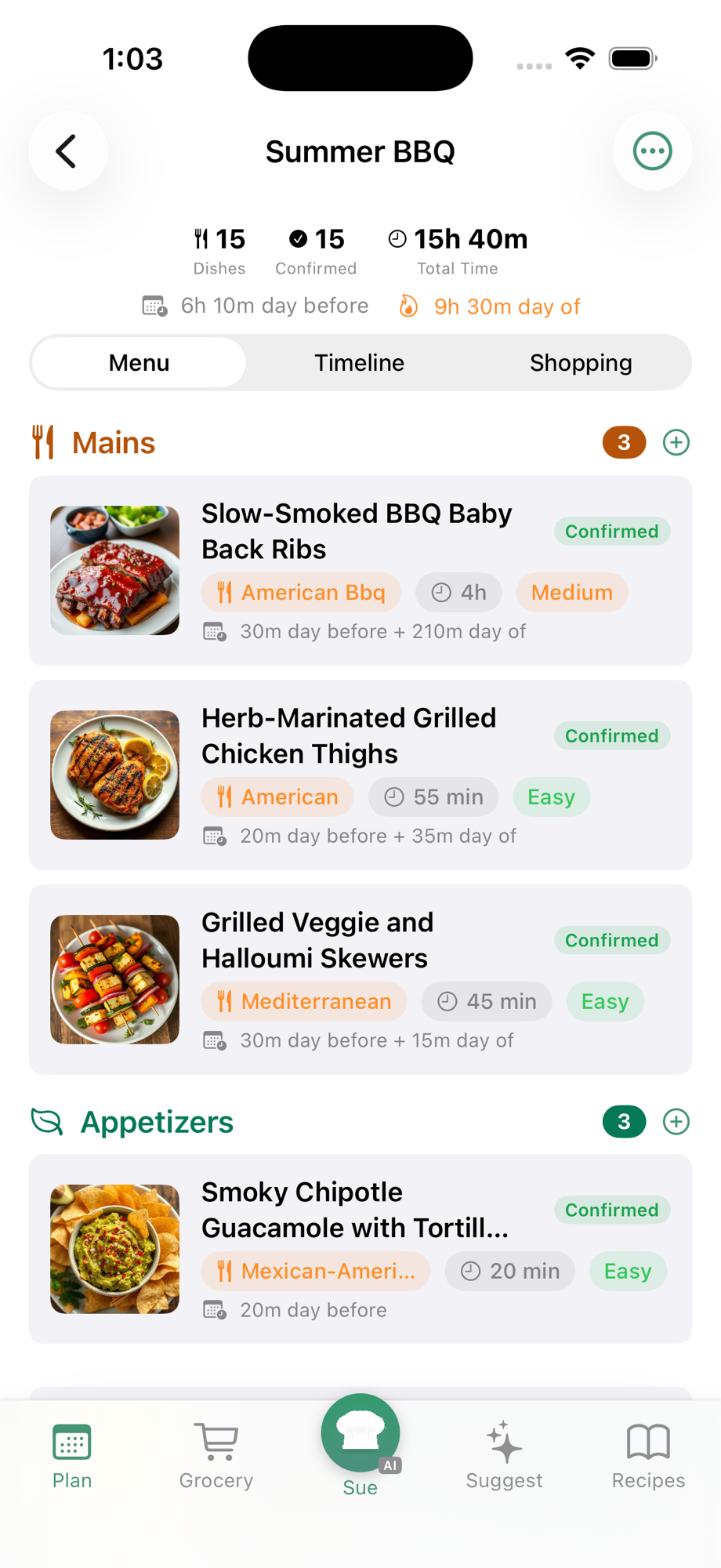 Event Menu tab with header stats and dish cards