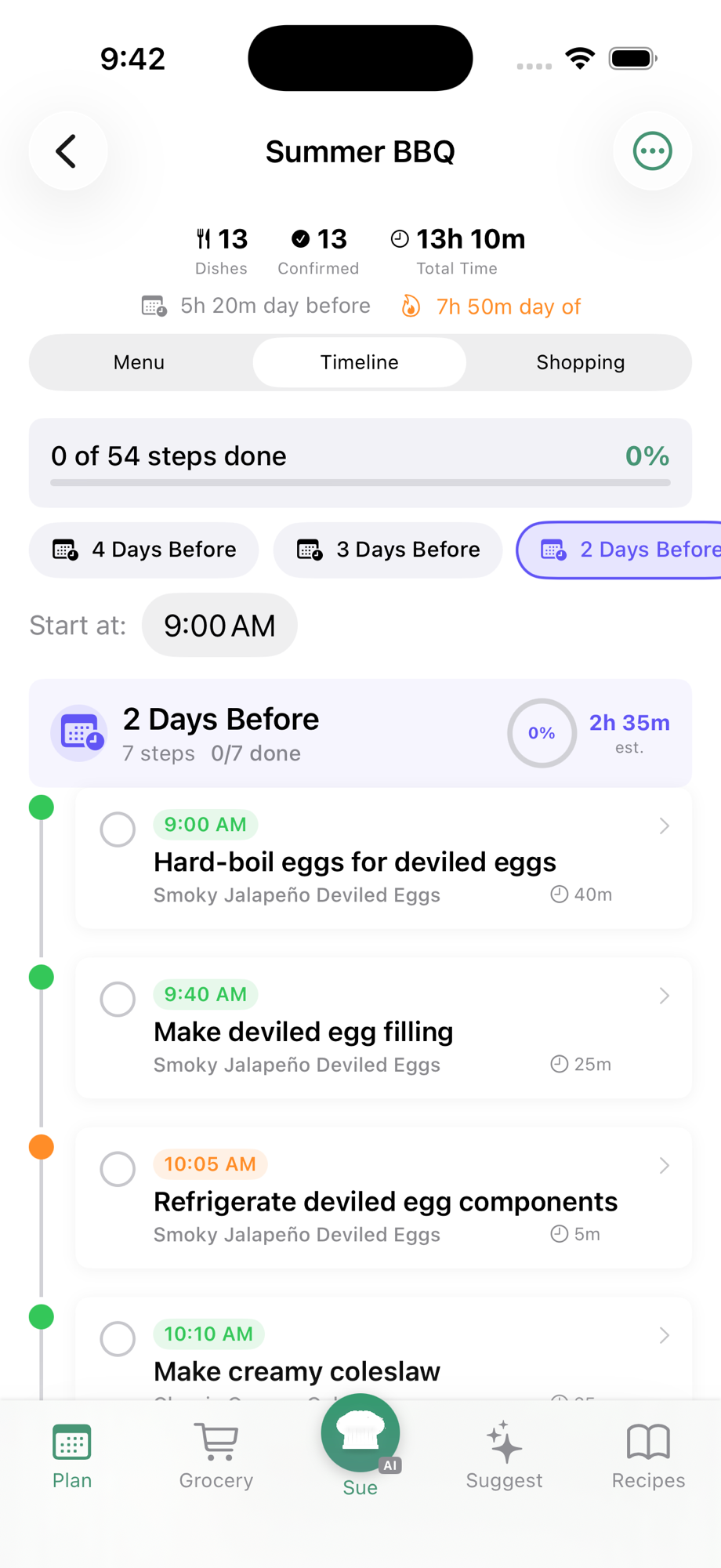 Timeline tab with phase pills, Start at picker, and step rows with clock times