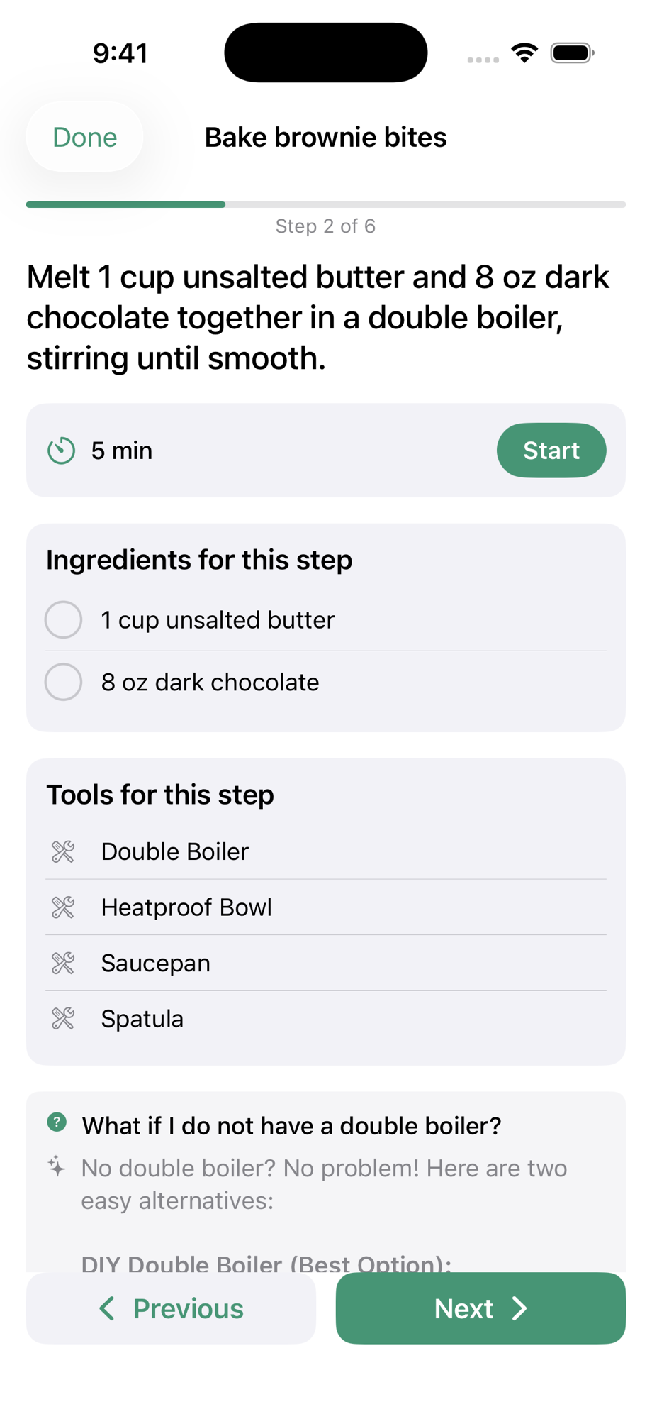 Activity view with ingredients, tools, and Ask About Step Q&A answer