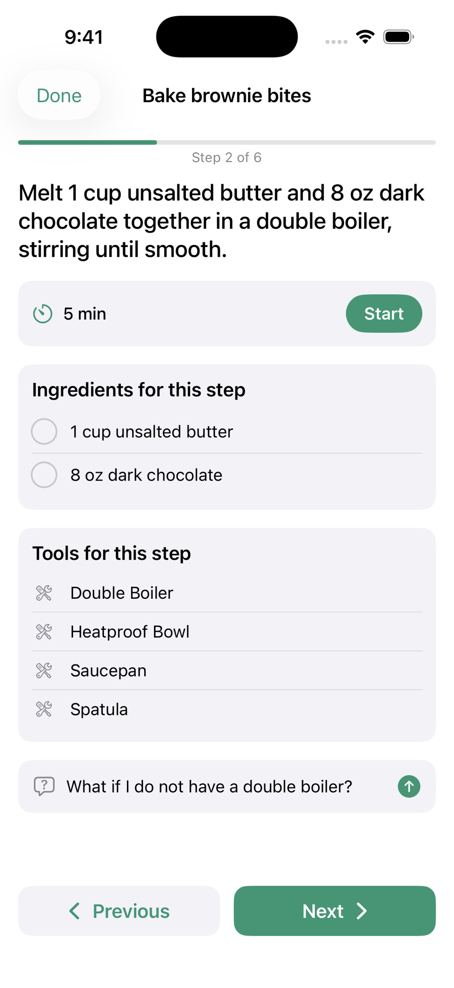 Activity view with Ask About Step input showing a typed question