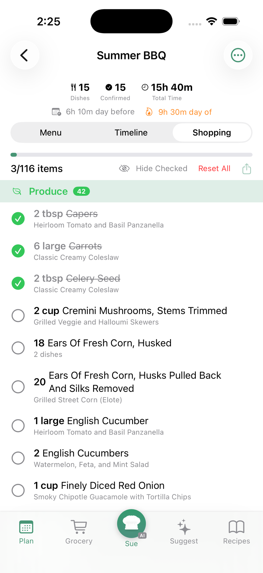 Shopping list grouped by category with checkable items