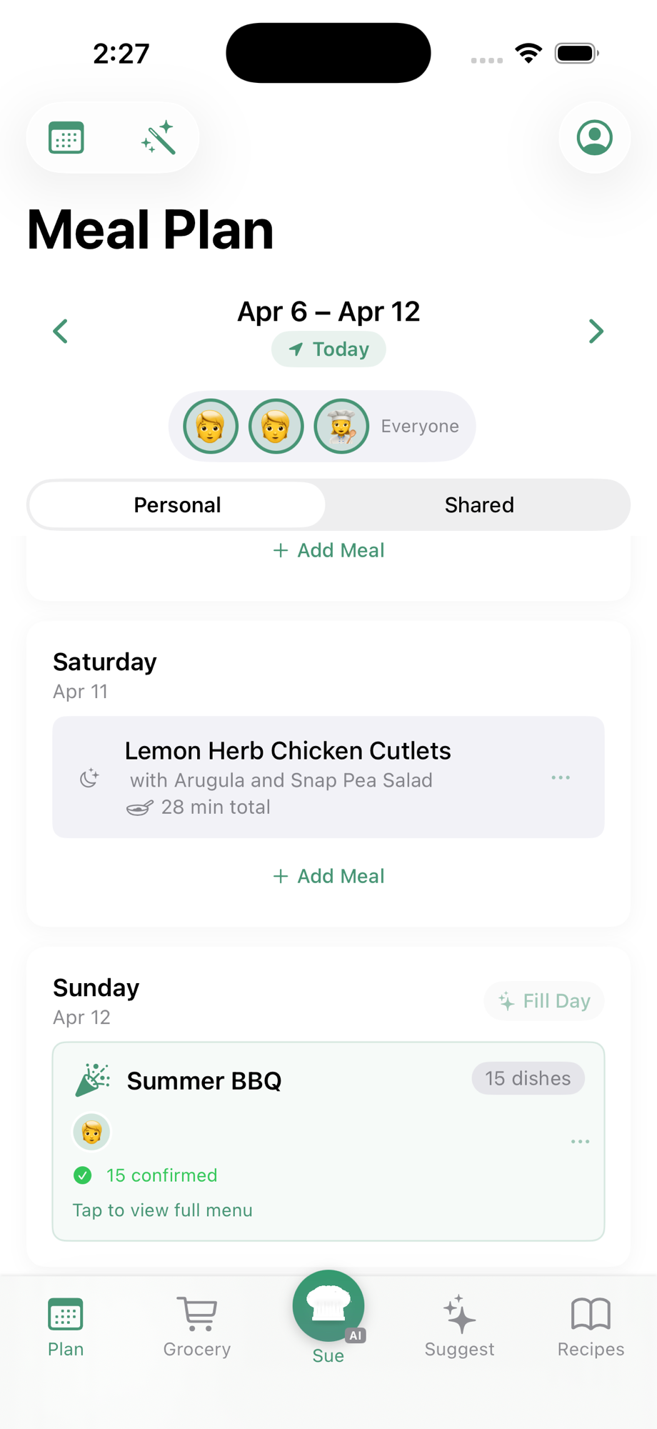Plan tab showing a Summer BBQ event card with 15 dishes